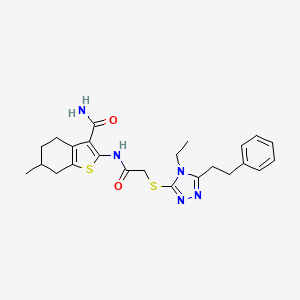 molecular formula C24H29N5O2S2 B4564792 2-[({[4-ethyl-5-(2-phenylethyl)-4H-1,2,4-triazol-3-yl]sulfanyl}acetyl)amino]-6-methyl-4,5,6,7-tetrahydro-1-benzothiophene-3-carboxamide 