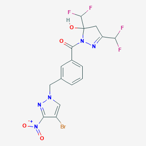 molecular formula C16H12BrF4N5O4 B456481 1-[3-({4-bromo-3-nitro-1H-pyrazol-1-yl}methyl)benzoyl]-3,5-bis(difluoromethyl)-4,5-dihydro-1H-pyrazol-5-ol 