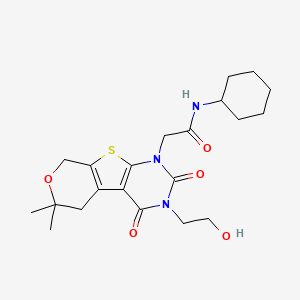 molecular formula C21H29N3O5S B4564841 N-cyclohexyl-2-[4-(2-hydroxyethyl)-12,12-dimethyl-3,5-dioxo-11-oxa-8-thia-4,6-diazatricyclo[7.4.0.02,7]trideca-1(9),2(7)-dien-6-yl]acetamide 