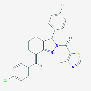 molecular formula C25H21Cl2N3OS B456492 7-(4-chlorobenzylidene)-3-(4-chlorophenyl)-2-[(4-methyl-1,3-thiazol-5-yl)carbonyl]-3,3a,4,5,6,7-hexahydro-2H-indazole 
