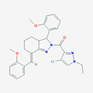 molecular formula C28H29ClN4O3 B456501 2-[(4-chloro-1-ethyl-1H-pyrazol-3-yl)carbonyl]-7-(2-methoxybenzylidene)-3-(2-methoxyphenyl)-3,3a,4,5,6,7-hexahydro-2H-indazole 