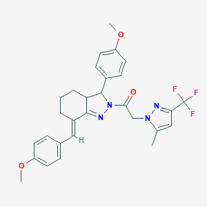 molecular formula C29H29F3N4O3 B456502 7-(4-methoxybenzylidene)-3-(4-methoxyphenyl)-2-{[5-methyl-3-(trifluoromethyl)-1H-pyrazol-1-yl]acetyl}-3,3a,4,5,6,7-hexahydro-2H-indazole 