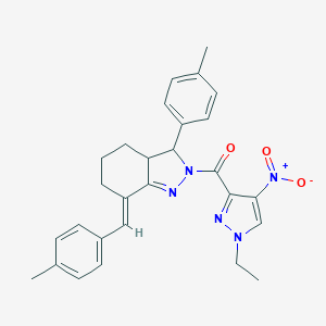 molecular formula C28H29N5O3 B456516 2-({1-ethyl-4-nitro-1H-pyrazol-3-yl}carbonyl)-7-(4-methylbenzylidene)-3-(4-methylphenyl)-3,3a,4,5,6,7-hexahydro-2H-indazole 