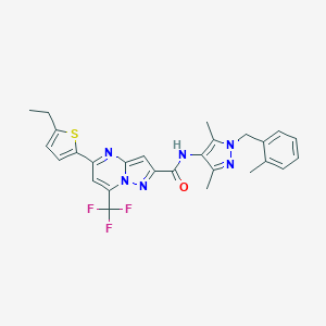 molecular formula C27H25F3N6OS B456526 N-[3,5-dimethyl-1-(2-methylbenzyl)-1H-pyrazol-4-yl]-5-(5-ethyl-2-thienyl)-7-(trifluoromethyl)pyrazolo[1,5-a]pyrimidine-2-carboxamide 