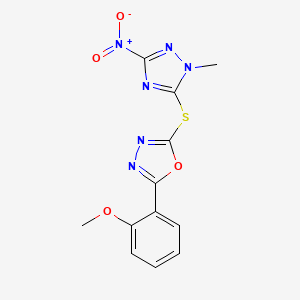 molecular formula C12H10N6O4S B4565318 2-(2-methoxyphenyl)-5-[(1-methyl-3-nitro-1H-1,2,4-triazol-5-yl)sulfanyl]-1,3,4-oxadiazole 