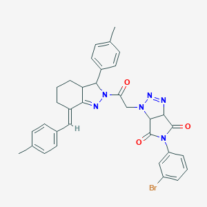 molecular formula C34H31BrN6O3 B456543 5-(3-bromophenyl)-1-{2-[7-(4-methylbenzylidene)-3-(4-methylphenyl)-3,3a,4,5,6,7-hexahydro-2H-indazol-2-yl]-2-oxoethyl}-3a,6a-dihydropyrrolo[3,4-d][1,2,3]triazole-4,6(1H,5H)-dione 