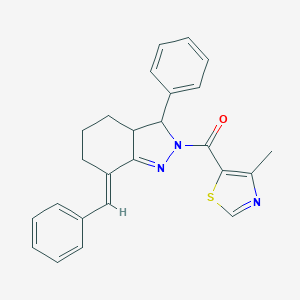 molecular formula C25H23N3OS B456544 7-benzylidene-2-[(4-methyl-1,3-thiazol-5-yl)carbonyl]-3-phenyl-3,3a,4,5,6,7-hexahydro-2H-indazole 