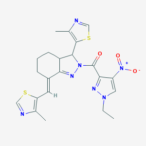 molecular formula C22H23N7O3S2 B456545 2-({1-ethyl-4-nitro-1H-pyrazol-3-yl}carbonyl)-3-(4-methyl-1,3-thiazol-5-yl)-7-[(4-methyl-1,3-thiazol-5-yl)methylene]-3,3a,4,5,6,7-hexahydro-2H-indazole 
