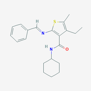 molecular formula C21H26N2OS B456551 2-(benzylideneamino)-N-cyclohexyl-4-ethyl-5-methyl-3-thiophenecarboxamide 