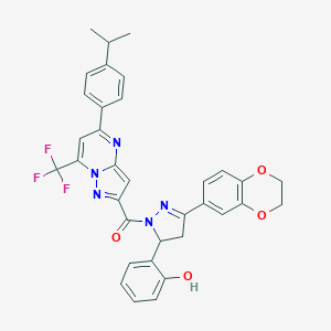 molecular formula C34H28F3N5O4 B456553 2-(3-(2,3-dihydro-1,4-benzodioxin-6-yl)-1-{[5-(4-isopropylphenyl)-7-(trifluoromethyl)pyrazolo[1,5-a]pyrimidin-2-yl]carbonyl}-4,5-dihydro-1H-pyrazol-5-yl)phenol 