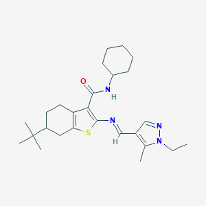 molecular formula C26H38N4OS B456554 6-tert-butyl-N-cyclohexyl-2-{[(1-ethyl-5-methyl-1H-pyrazol-4-yl)methylene]amino}-4,5,6,7-tetrahydro-1-benzothiophene-3-carboxamide 