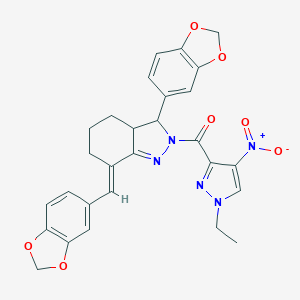 molecular formula C28H25N5O7 B456555 3-(1,3-benzodioxol-5-yl)-7-(1,3-benzodioxol-5-ylmethylene)-2-({1-ethyl-4-nitro-1H-pyrazol-3-yl}carbonyl)-3,3a,4,5,6,7-hexahydro-2H-indazole 