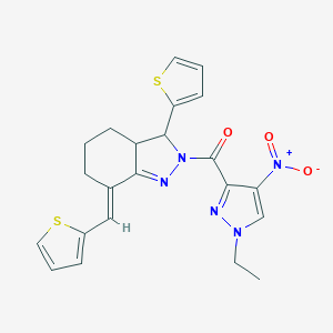 molecular formula C22H21N5O3S2 B456566 (1-ethyl-4-nitro-1H-pyrazol-3-yl)[(7E)-3-(thiophen-2-yl)-7-(thiophen-2-ylmethylidene)-3,3a,4,5,6,7-hexahydro-2H-indazol-2-yl]methanone 