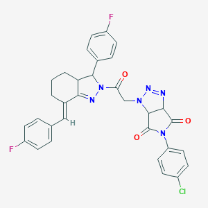 molecular formula C32H25ClF2N6O3 B456567 5-(4-chlorophenyl)-1-{2-[7-(4-fluorobenzylidene)-3-(4-fluorophenyl)-3,3a,4,5,6,7-hexahydro-2H-indazol-2-yl]-2-oxoethyl}-3a,6a-dihydropyrrolo[3,4-d][1,2,3]triazole-4,6(1H,5H)-dione 