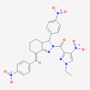 molecular formula C26H23N7O7 B456584 2-({1-ethyl-4-nitro-1H-pyrazol-3-yl}carbonyl)-7-{4-nitrobenzylidene}-3-{4-nitrophenyl}-3,3a,4,5,6,7-hexahydro-2H-indazole 