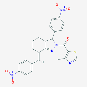 molecular formula C25H21N5O5S B456588 7-{4-nitrobenzylidene}-3-{4-nitrophenyl}-2-[(4-methyl-1,3-thiazol-5-yl)carbonyl]-3,3a,4,5,6,7-hexahydro-2H-indazole 