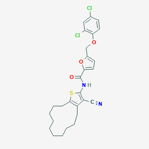 molecular formula C27H28Cl2N2O3S B456596 N-(3-cyano-4,5,6,7,8,9,10,11,12,13-decahydrocyclododeca[b]thiophen-2-yl)-5-[(2,4-dichlorophenoxy)methyl]furan-2-carboxamide 
