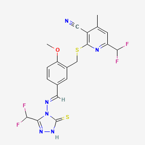 6-(DIFLUOROMETHYL)-2-{[5-({[3-(DIFLUOROMETHYL)-5-SULFANYL-4H-1,2,4-TRIAZOL-4-YL]IMINO}METHYL)-2-METHOXYBENZYL]SULFANYL}-4-METHYL-3-PYRIDYL CYANIDE