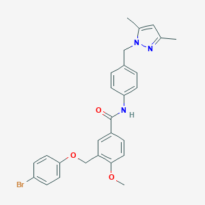 molecular formula C27H26BrN3O3 B456615 3-[(4-bromophenoxy)methyl]-N-{4-[(3,5-dimethyl-1H-pyrazol-1-yl)methyl]phenyl}-4-methoxybenzamide 