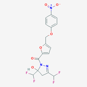 molecular formula C17H13F4N3O6 B456649 [3,5-bis(difluoromethyl)-5-hydroxy-4,5-dihydro-1H-pyrazol-1-yl]{5-[(4-nitrophenoxy)methyl]furan-2-yl}methanone 