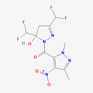 molecular formula C11H11F4N5O4 B456657 [3,5-bis(difluoromethyl)-5-hydroxy-4,5-dihydro-1H-pyrazol-1-yl](1,3-dimethyl-4-nitro-1H-pyrazol-5-yl)methanone 