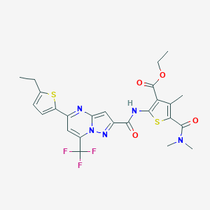molecular formula C25H24F3N5O4S2 B456672 Ethyl 5-(dimethylcarbamoyl)-2-({[5-(5-ethylthiophen-2-yl)-7-(trifluoromethyl)pyrazolo[1,5-a]pyrimidin-2-yl]carbonyl}amino)-4-methylthiophene-3-carboxylate 