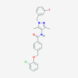 molecular formula C26H23ClFN3O2 B456697 4-[(2-chlorophenoxy)methyl]-N-[1-(3-fluorobenzyl)-3,5-dimethyl-1H-pyrazol-4-yl]benzamide 