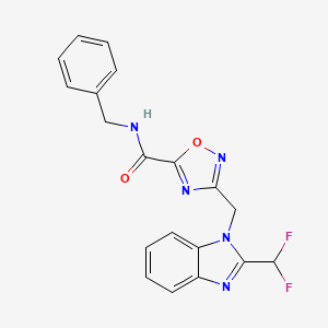 molecular formula C19H15F2N5O2 B4567186 N-benzyl-3-{[2-(difluoromethyl)-1H-benzimidazol-1-yl]methyl}-1,2,4-oxadiazole-5-carboxamide 