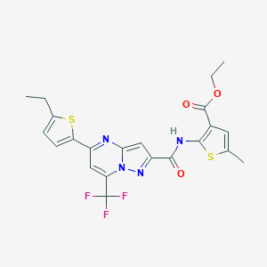 molecular formula C22H19F3N4O3S2 B456724 Ethyl 2-({[5-(5-ethyl-2-thienyl)-7-(trifluoromethyl)pyrazolo[1,5-a]pyrimidin-2-yl]carbonyl}amino)-5-methyl-3-thiophenecarboxylate 