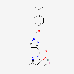 molecular formula C19H22F2N4O3 B4567277 [5-(DIFLUOROMETHYL)-5-HYDROXY-3-METHYL-4,5-DIHYDRO-1H-PYRAZOL-1-YL]{1-[(4-ISOPROPYLPHENOXY)METHYL]-1H-PYRAZOL-3-YL}METHANONE 