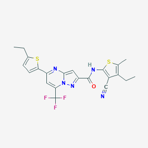 molecular formula C22H18F3N5OS2 B456732 N-(3-cyano-4-ethyl-5-methylthiophen-2-yl)-5-(5-ethylthiophen-2-yl)-7-(trifluoromethyl)pyrazolo[1,5-a]pyrimidine-2-carboxamide 