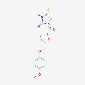 molecular formula C18H17NO4S2 B456737 3-Ethyl-5-({5-[(4-methoxyphenoxy)methyl]-2-furyl}methylene)-2-thioxo-1,3-thiazolidin-4-one 