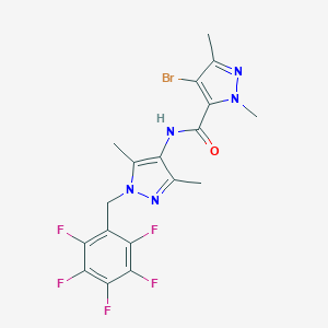 molecular formula C18H15BrF5N5O B456740 4-bromo-N-[3,5-dimethyl-1-(2,3,4,5,6-pentafluorobenzyl)-1H-pyrazol-4-yl]-1,3-dimethyl-1H-pyrazole-5-carboxamide 