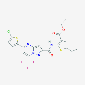 molecular formula C21H16ClF3N4O3S2 B456758 Ethyl 2-({[5-(5-chloro-2-thienyl)-7-(trifluoromethyl)pyrazolo[1,5-a]pyrimidin-2-yl]carbonyl}amino)-5-ethyl-3-thiophenecarboxylate 