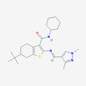 molecular formula C25H36N4OS B456762 6-tert-butyl-N-cyclohexyl-2-{[(1,3-dimethyl-1H-pyrazol-4-yl)methylene]amino}-4,5,6,7-tetrahydro-1-benzothiophene-3-carboxamide 