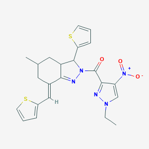 molecular formula C23H23N5O3S2 B456766 2-({1-ethyl-4-nitro-1H-pyrazol-3-yl}carbonyl)-5-methyl-3-(2-thienyl)-7-(2-thienylmethylene)-3,3a,4,5,6,7-hexahydro-2H-indazole 