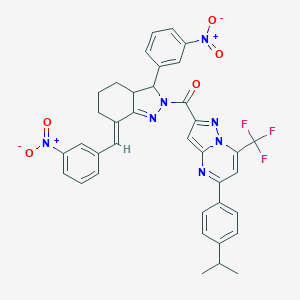 molecular formula C37H30F3N7O5 B456768 2-[(7-{3-nitrobenzylidene}-3-{3-nitrophenyl}-3,3a,4,5,6,7-hexahydro-2H-indazol-2-yl)carbonyl]-5-(4-isopropylphenyl)-7-(trifluoromethyl)pyrazolo[1,5-a]pyrimidine 