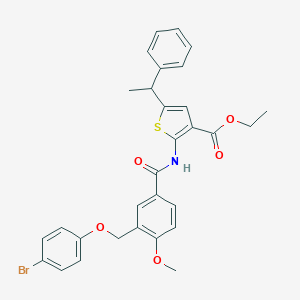 molecular formula C30H28BrNO5S B456770 Ethyl 2-({3-[(4-bromophenoxy)methyl]-4-methoxybenzoyl}amino)-5-(1-phenylethyl)-3-thiophenecarboxylate 