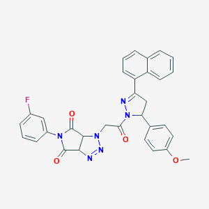 molecular formula C32H25FN6O4 B456789 5-(3-fluorophenyl)-1-{2-[5-(4-methoxyphenyl)-3-(1-naphthyl)-4,5-dihydro-1H-pyrazol-1-yl]-2-oxoethyl}-3a,6a-dihydropyrrolo[3,4-d][1,2,3]triazole-4,6(1H,5H)-dione 