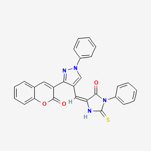 (5E)-5-{[3-(2-Oxo-2H-chromen-3-YL)-1-phenyl-1H-pyrazol-4-YL]methylidene}-3-phenyl-2-sulfanylideneimidazolidin-4-one