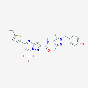 molecular formula C26H22F4N6OS B456798 5-(5-ethyl-2-thienyl)-N-[1-(4-fluorobenzyl)-3,5-dimethyl-1H-pyrazol-4-yl]-7-(trifluoromethyl)pyrazolo[1,5-a]pyrimidine-2-carboxamide 