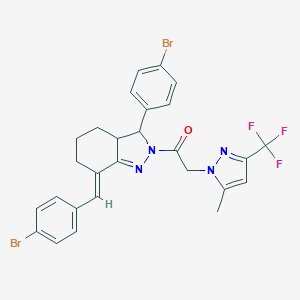 molecular formula C27H23Br2F3N4O B456803 7-(4-bromobenzylidene)-3-(4-bromophenyl)-2-{[5-methyl-3-(trifluoromethyl)-1H-pyrazol-1-yl]acetyl}-3,3a,4,5,6,7-hexahydro-2H-indazole 