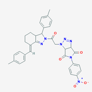 molecular formula C34H31N7O5 B456811 5-{4-nitrophenyl}-1-{2-[7-(4-methylbenzylidene)-3-(4-methylphenyl)-3,3a,4,5,6,7-hexahydro-2H-indazol-2-yl]-2-oxoethyl}-3a,6a-dihydropyrrolo[3,4-d][1,2,3]triazole-4,6(1H,5H)-dione 