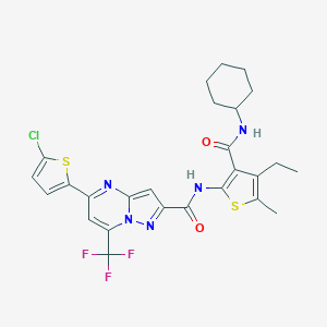 molecular formula C26H25ClF3N5O2S2 B456824 5-(5-chlorothiophen-2-yl)-N-[3-(cyclohexylcarbamoyl)-4-ethyl-5-methylthiophen-2-yl]-7-(trifluoromethyl)pyrazolo[1,5-a]pyrimidine-2-carboxamide 