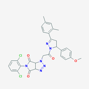 molecular formula C30H26Cl2N6O4 B456843 5-(2,6-dichlorophenyl)-1-{2-[3-(2,4-dimethylphenyl)-5-(4-methoxyphenyl)-4,5-dihydro-1H-pyrazol-1-yl]-2-oxoethyl}-3a,6a-dihydropyrrolo[3,4-d][1,2,3]triazole-4,6(1H,5H)-dione 