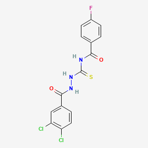 molecular formula C15H10Cl2FN3O2S B4568486 N-{[2-(3,4-dichlorobenzoyl)hydrazino]carbonothioyl}-4-fluorobenzamide 