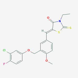 molecular formula C20H17ClFNO3S2 B456853 5-{3-[(3-Chloro-4-fluorophenoxy)methyl]-4-methoxybenzylidene}-3-ethyl-2-thioxo-1,3-thiazolidin-4-one 