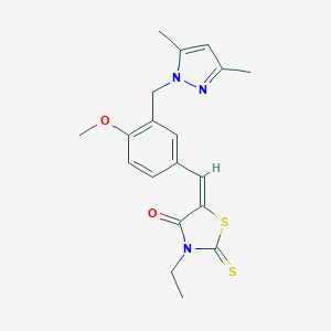 molecular formula C19H21N3O2S2 B456860 5-{3-[(3,5-dimethyl-1H-pyrazol-1-yl)methyl]-4-methoxybenzylidene}-3-ethyl-2-thioxo-1,3-thiazolidin-4-one 