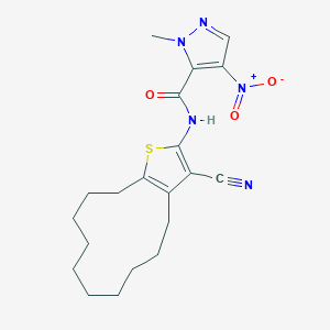 molecular formula C20H25N5O3S B456869 N-(3-cyano-4,5,6,7,8,9,10,11,12,13-decahydrocyclododeca[b]thiophen-2-yl)-1-methyl-4-nitro-1H-pyrazole-5-carboxamide 