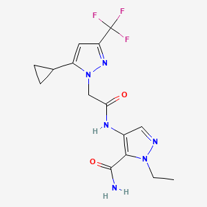 molecular formula C15H17F3N6O2 B4568769 4-({[5-cyclopropyl-3-(trifluoromethyl)-1H-pyrazol-1-yl]acetyl}amino)-1-ethyl-1H-pyrazole-5-carboxamide 